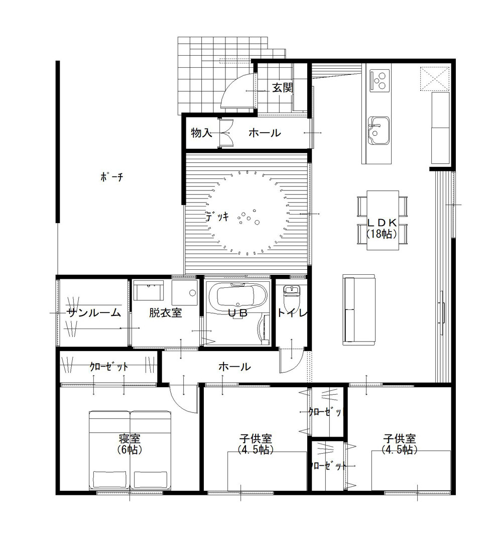 24坪3ldkの間取りで外からの視界を遮りつつリビングから繋がるデッキで開放的な平屋のガレージハウス 白山市で30坪の間取りの注文住宅 平屋は千代野建設 24坪3ldkの間取りで外からの視界を遮りつつリビングから繋がるデッキで開放的な平屋のガレージハウス 白山市で30坪の間取りの注文住宅 平屋は千代野建設